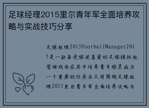 足球经理2015里尔青年军全面培养攻略与实战技巧分享