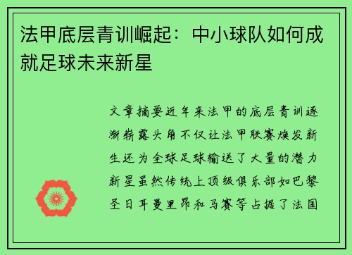法甲底层青训崛起：中小球队如何成就足球未来新星