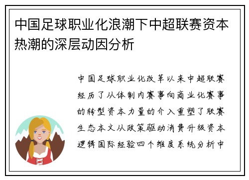 中国足球职业化浪潮下中超联赛资本热潮的深层动因分析