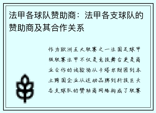 法甲各球队赞助商：法甲各支球队的赞助商及其合作关系